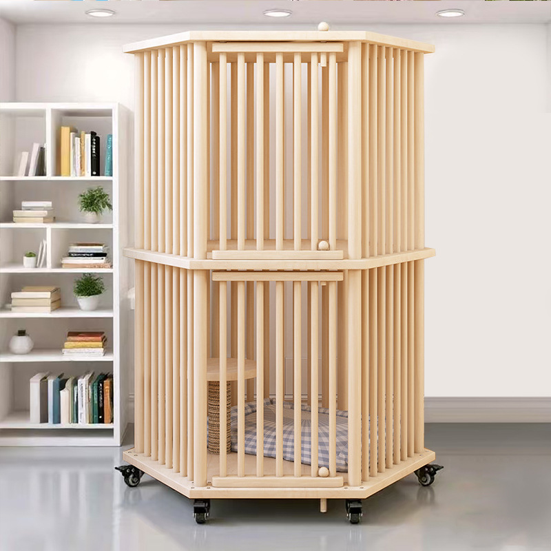 ペットケージ 二階建て移動式木製猫ケージ