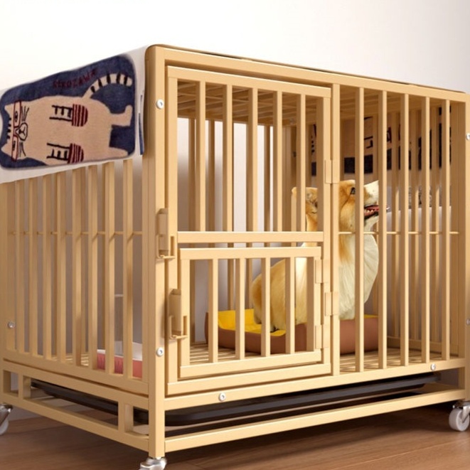 ペットケージ 木製移動式犬用ケージ 耐久性強化底部設計