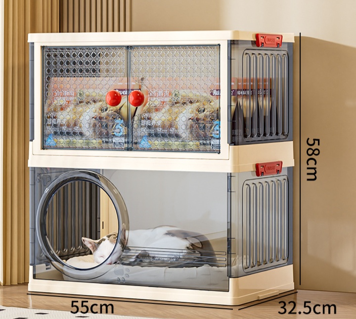 ペットケージ 透明窓付き多機能猫ケージ収納棚一体型
