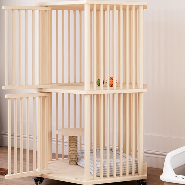 ペットケージ 二階建て移動式木製猫ケージ