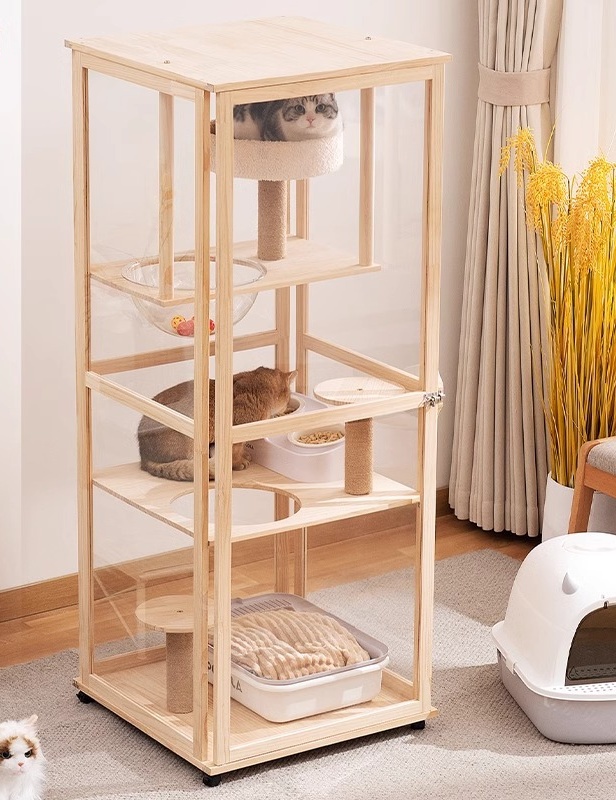 ペットケージ 木製透明アクリル扉付き多機能猫ケージ