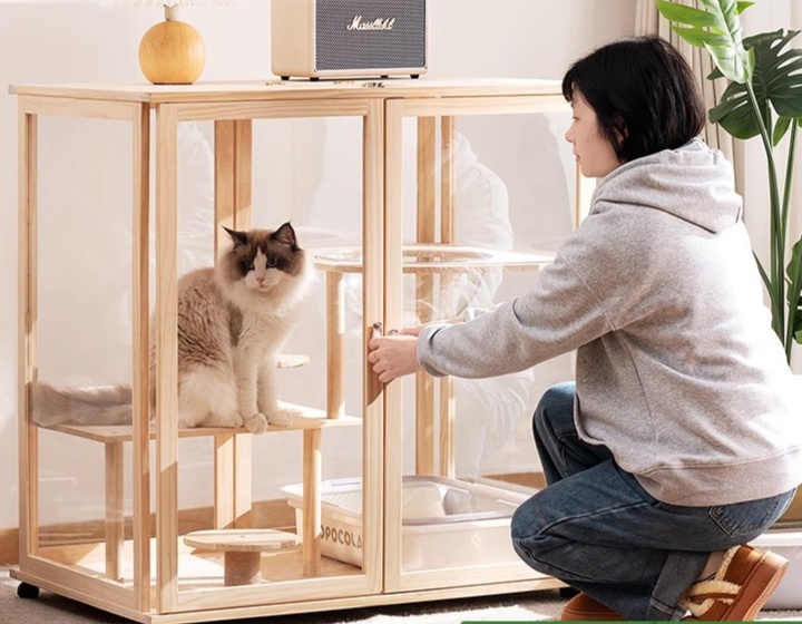 ペットケージ 木製透明アクリル扉付き多機能猫ケージ