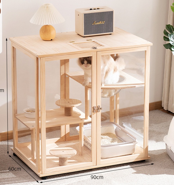 ペットケージ 木製透明アクリル扉付き多機能猫ケージ