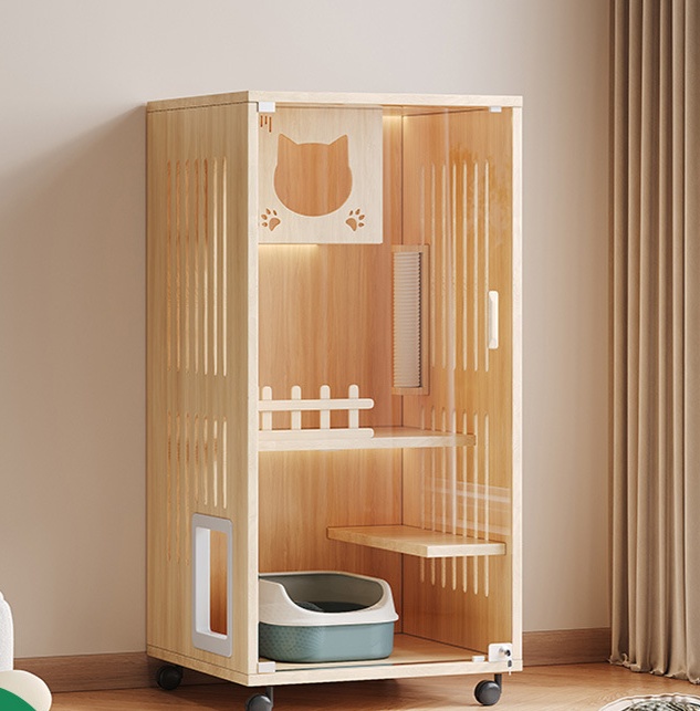 ペットケージ 二階建て大型猫ケージ 透明扉付き木製ペットハウス