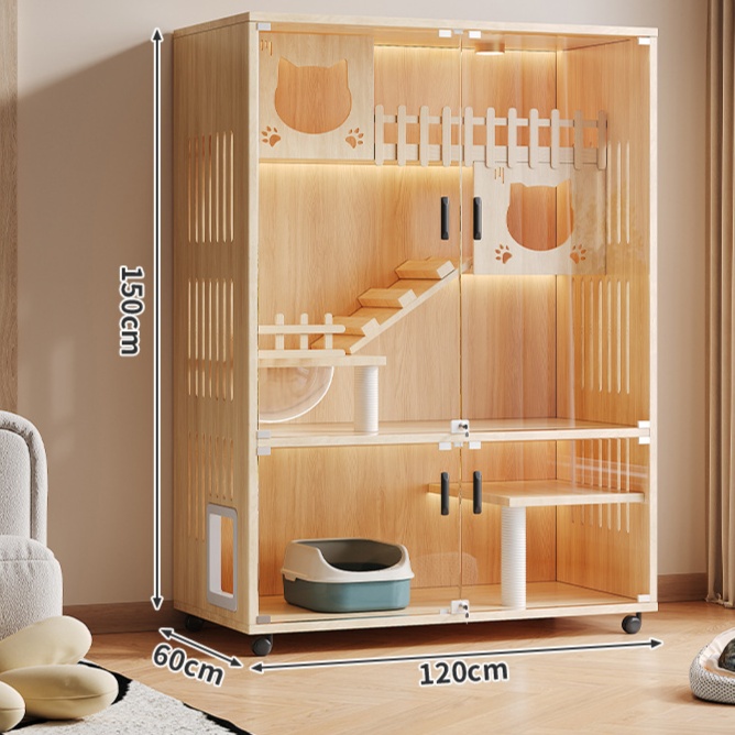 ペットケージ 二階建て大型猫ケージ 透明扉付き木製ペットハウス