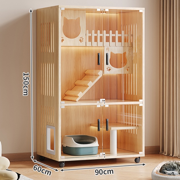 ペットケージ 二階建て大型猫ケージ 透明扉付き木製ペットハウス