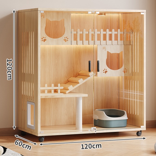 ペットケージ 二階建て大型猫ケージ 透明扉付き木製ペットハウス