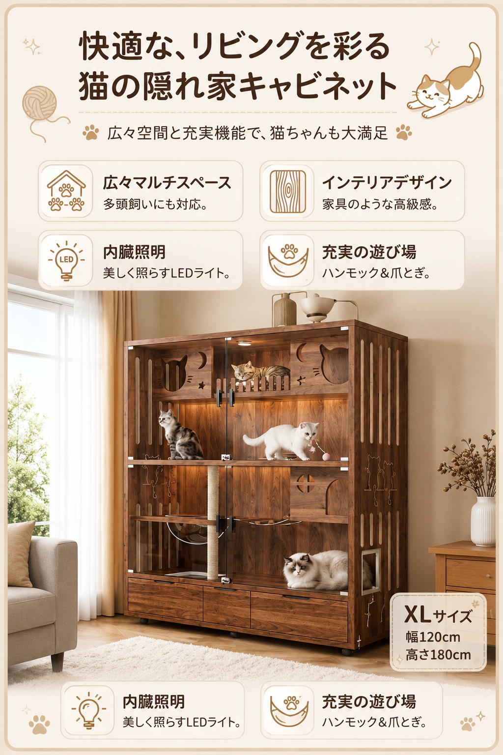 天然木 猫用ケージ 多頭飼いOK ハンモック付き 透明扉 引き出し収納