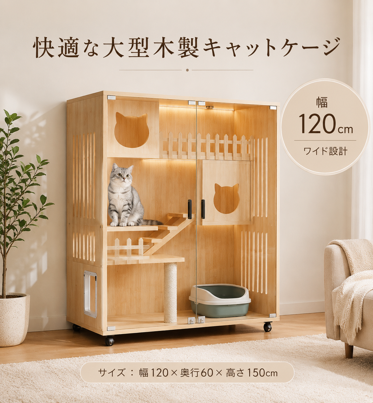 木製 3段キャットケージ 透明扉付き 猫用ケージ 3段 大型猫対応 透明扉 キャスター付き 木製 インテリア