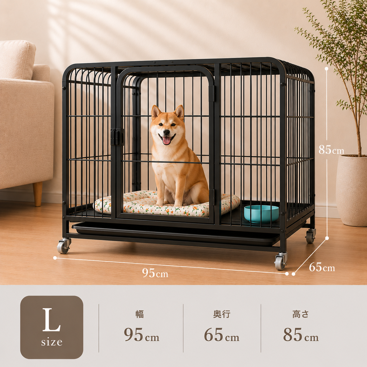 メイン画像:7枚目:犬用ケージ 中型犬～大型犬 頑丈設計 格子タイプ フィーディングドア トレー キャスター移動