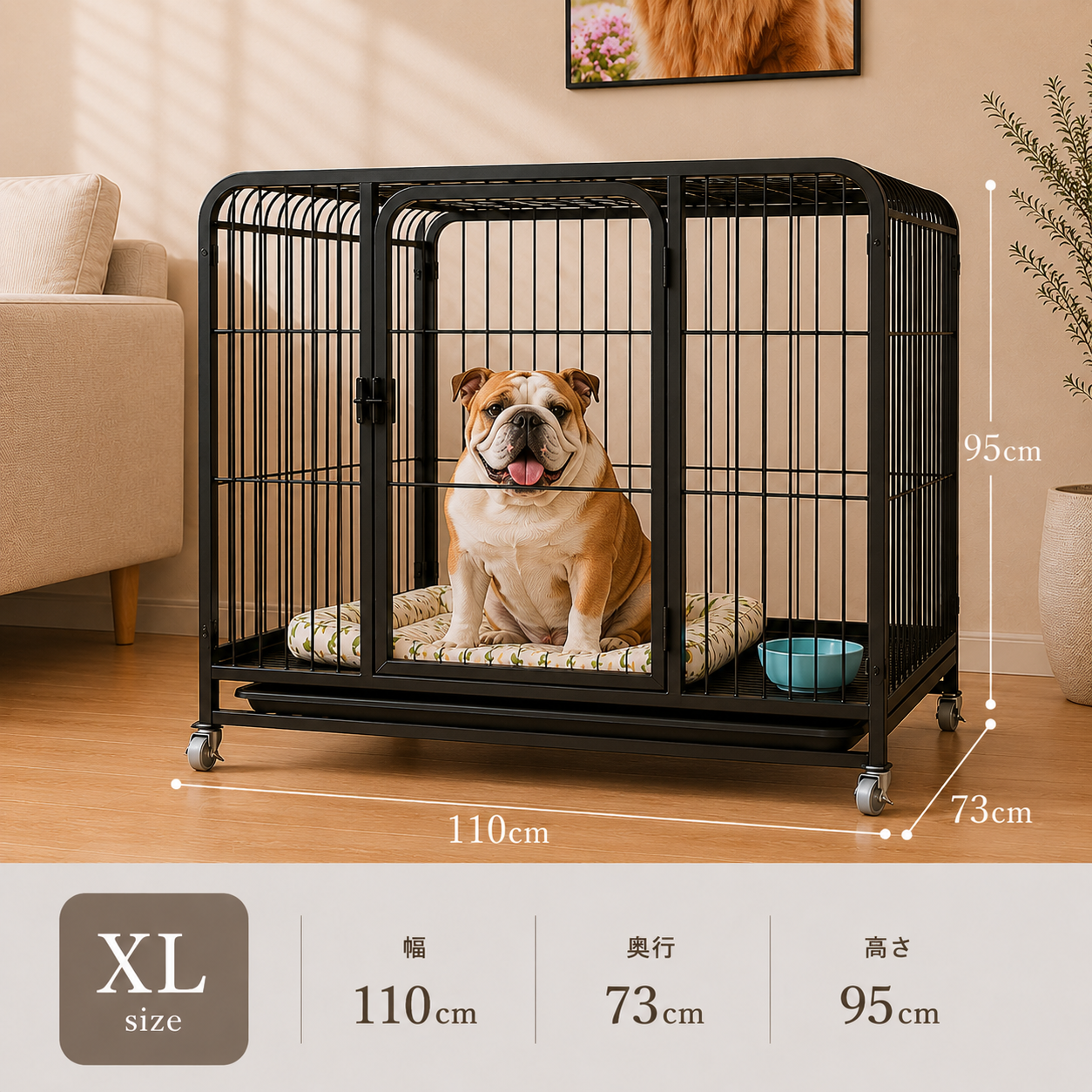 メイン画像:8枚目:犬用ケージ 中型犬～大型犬 頑丈設計 格子タイプ フィーディングドア トレー キャスター移動