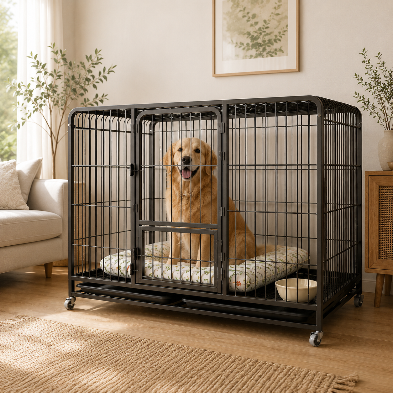 メイン画像:1枚目:犬用ケージ 中型犬～大型犬 頑丈設計 格子タイプ フィーディングドア トレー キャスター移動