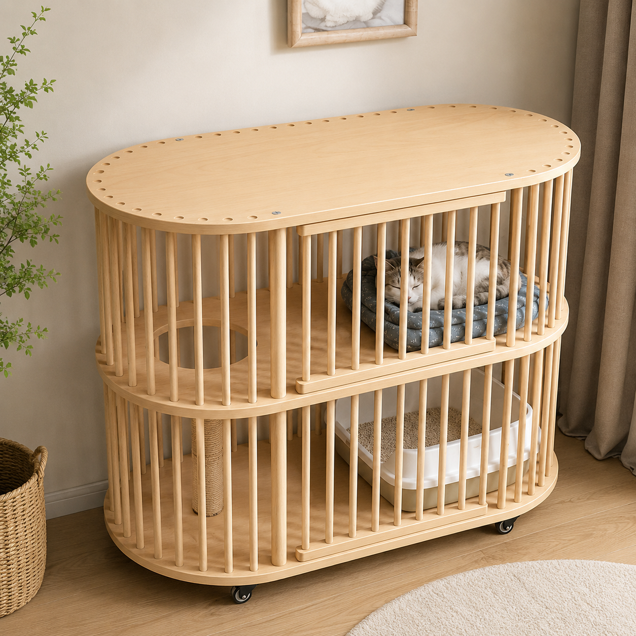 メイン画像:2枚目:猫用ケージ 1～3段 木製 インテリアデザイン キャスター付き 広々設計