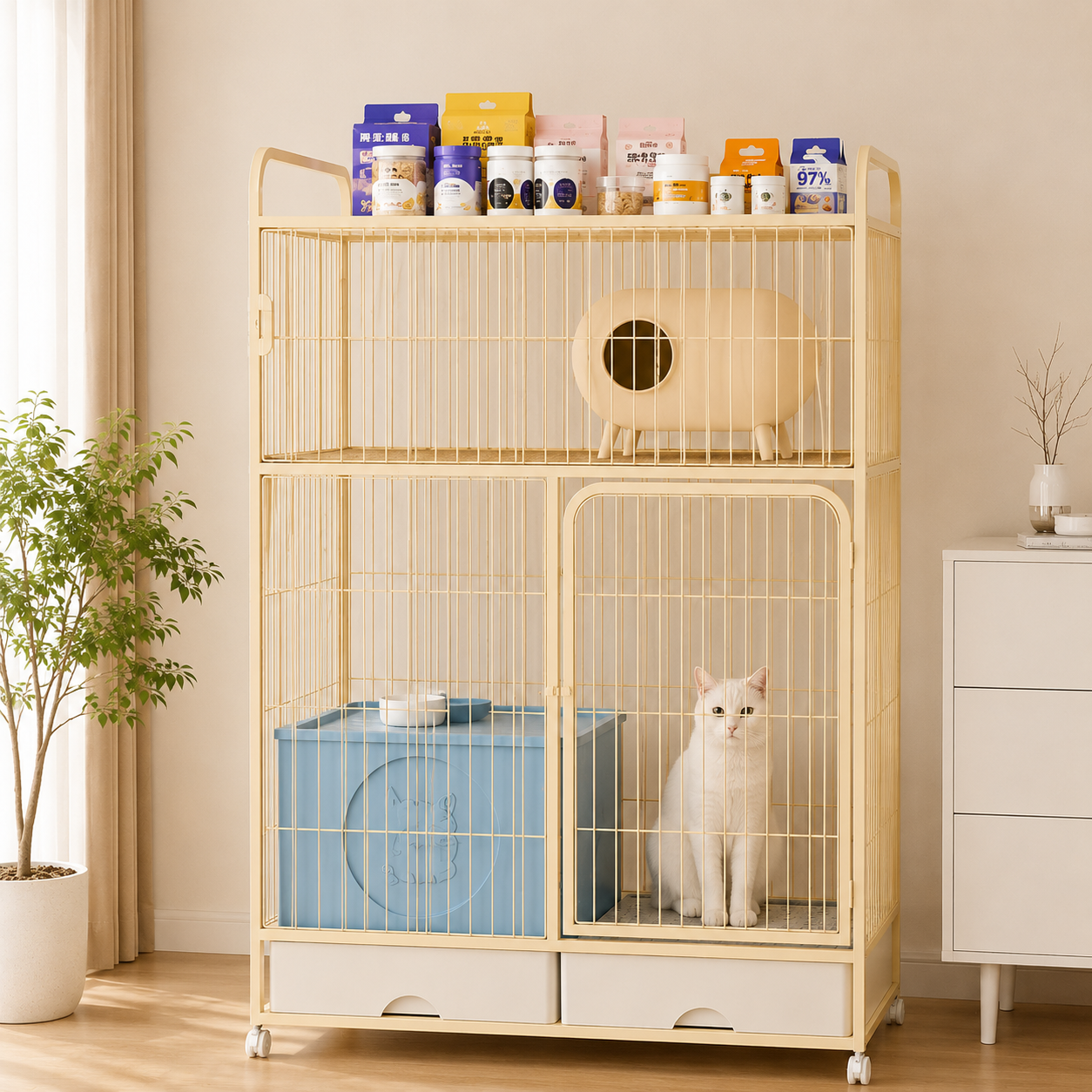 メイン画像:1枚目:猫用ケージ 2段 大型猫対応 スロープ階段付き 収納引き出し キャスター付き トレー付き