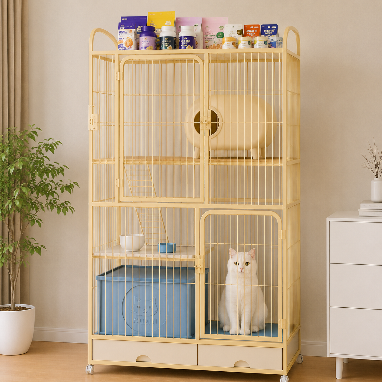 メイン画像:2枚目:猫用ケージ 2段 大型猫対応 スロープ階段付き 収納引き出し キャスター付き トレー付き