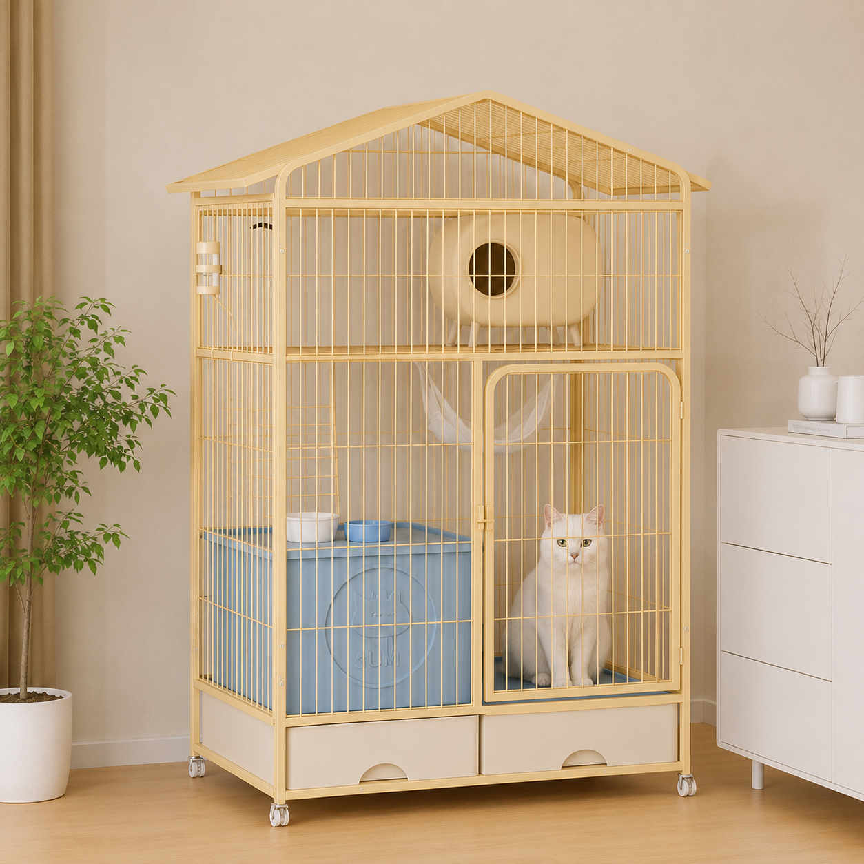 メイン画像:3枚目:猫用ケージ 2段 大型猫対応 スロープ階段付き 収納引き出し キャスター付き トレー付き