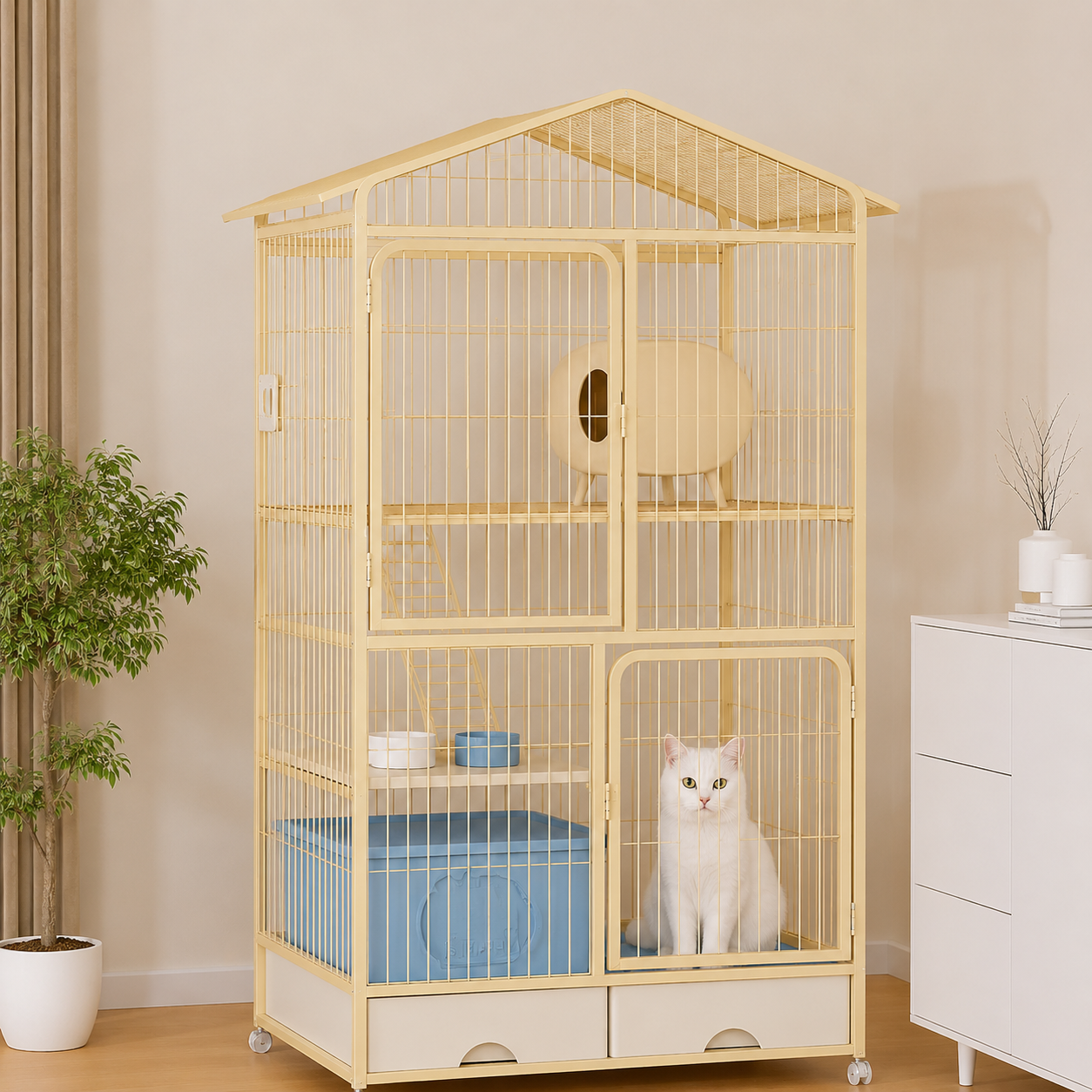 メイン画像:4枚目:猫用ケージ 2段 大型猫対応 スロープ階段付き 収納引き出し キャスター付き トレー付き