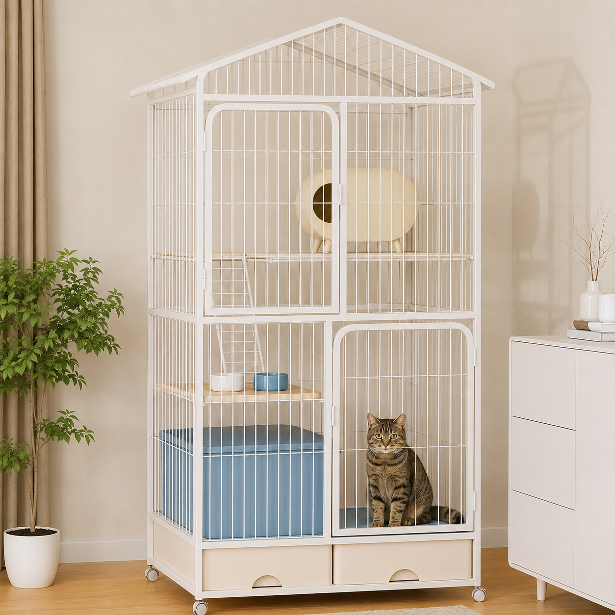 メイン画像:8枚目:猫用ケージ 2段 大型猫対応 スロープ階段付き 収納引き出し キャスター付き トレー付き