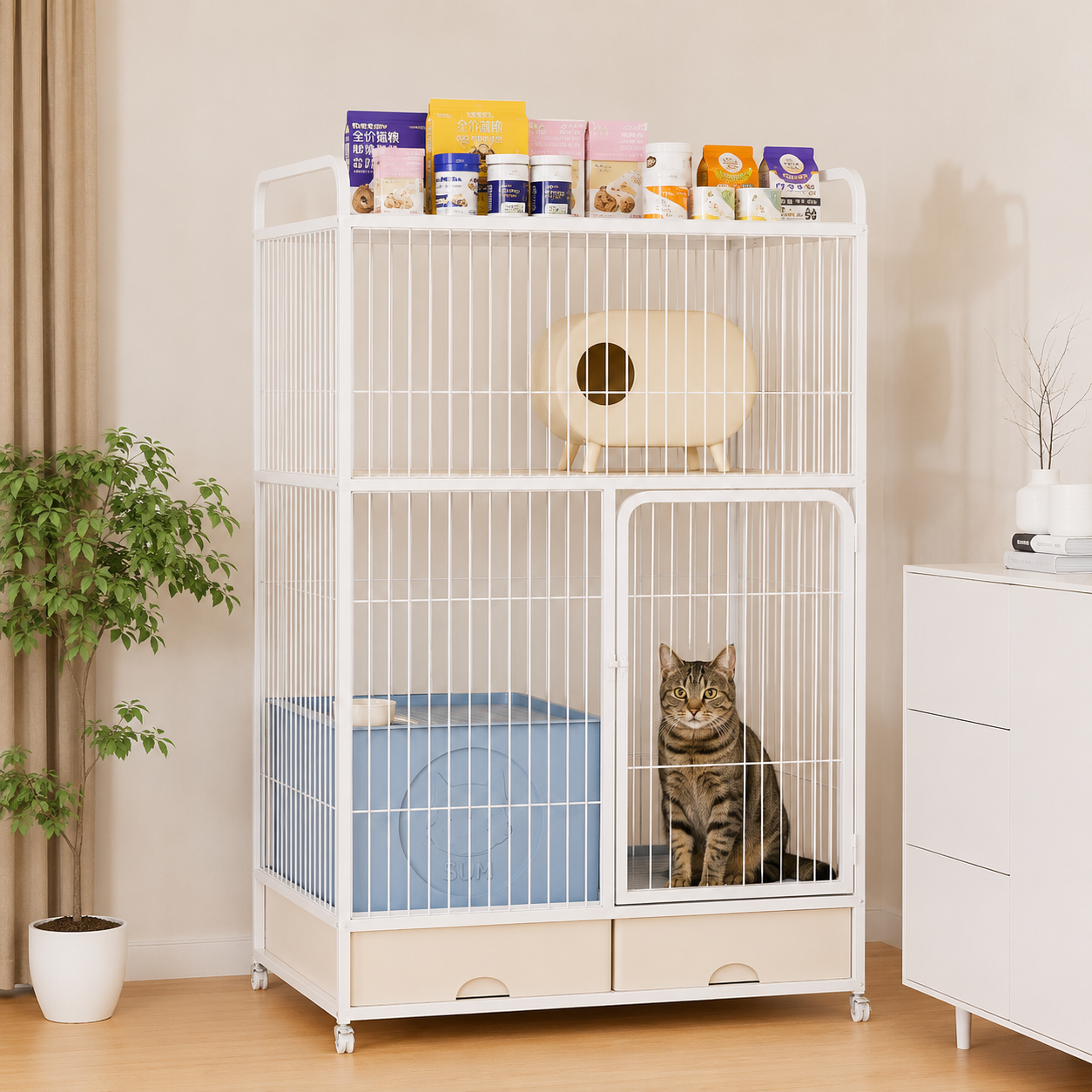 メイン画像:5枚目:猫用ケージ 2段 大型猫対応 スロープ階段付き 収納引き出し キャスター付き トレー付き