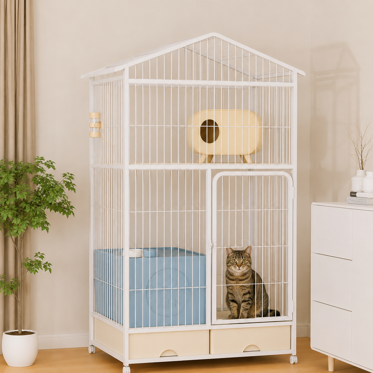 メイン画像:7枚目:猫用ケージ 2段 大型猫対応 スロープ階段付き 収納引き出し キャスター付き トレー付き