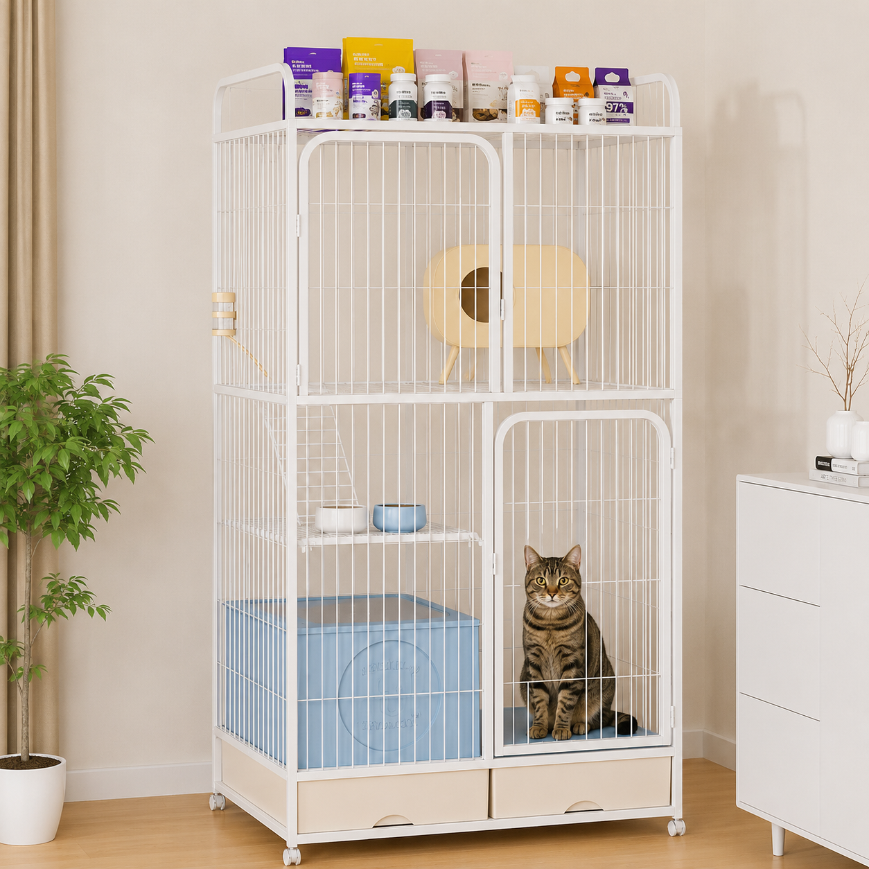 メイン画像:6枚目:猫用ケージ 2段 大型猫対応 スロープ階段付き 収納引き出し キャスター付き トレー付き