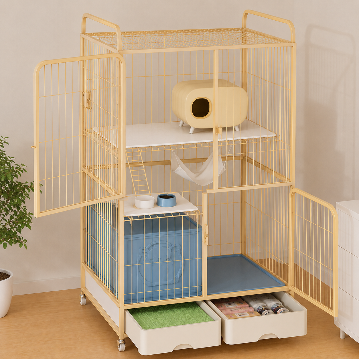 メイン画像:13枚目:猫用ケージ 2段 大型猫対応 スロープ階段付き 収納引き出し キャスター付き トレー付き