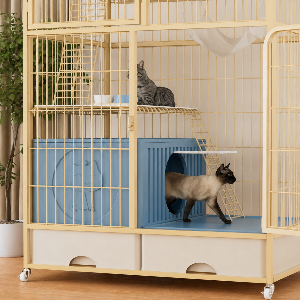 メイン画像:14枚目:猫用ケージ 2段 大型猫対応 スロープ階段付き 収納引き出し キャスター付き トレー付き