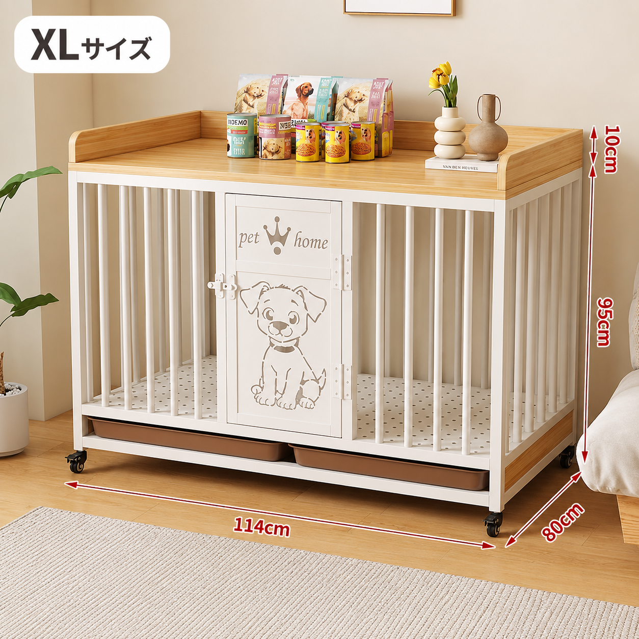 メイン画像:6枚目:犬用ケージ 木製天板付き キャスター移動 インテリア シンプル設計