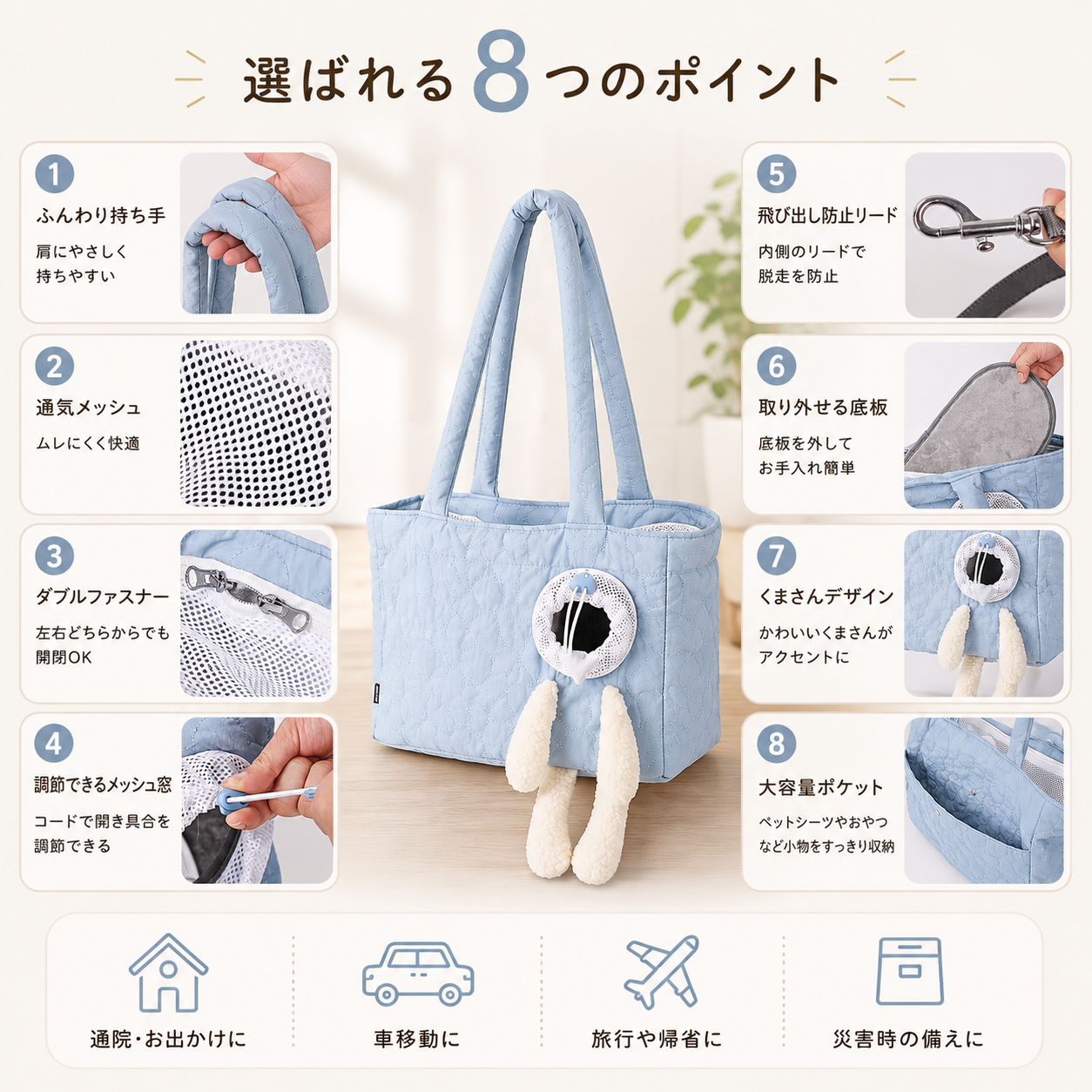 メイン画像:4枚目:犬用キャリーバッグ キルティングペットキャリーバッグ ベルト付き