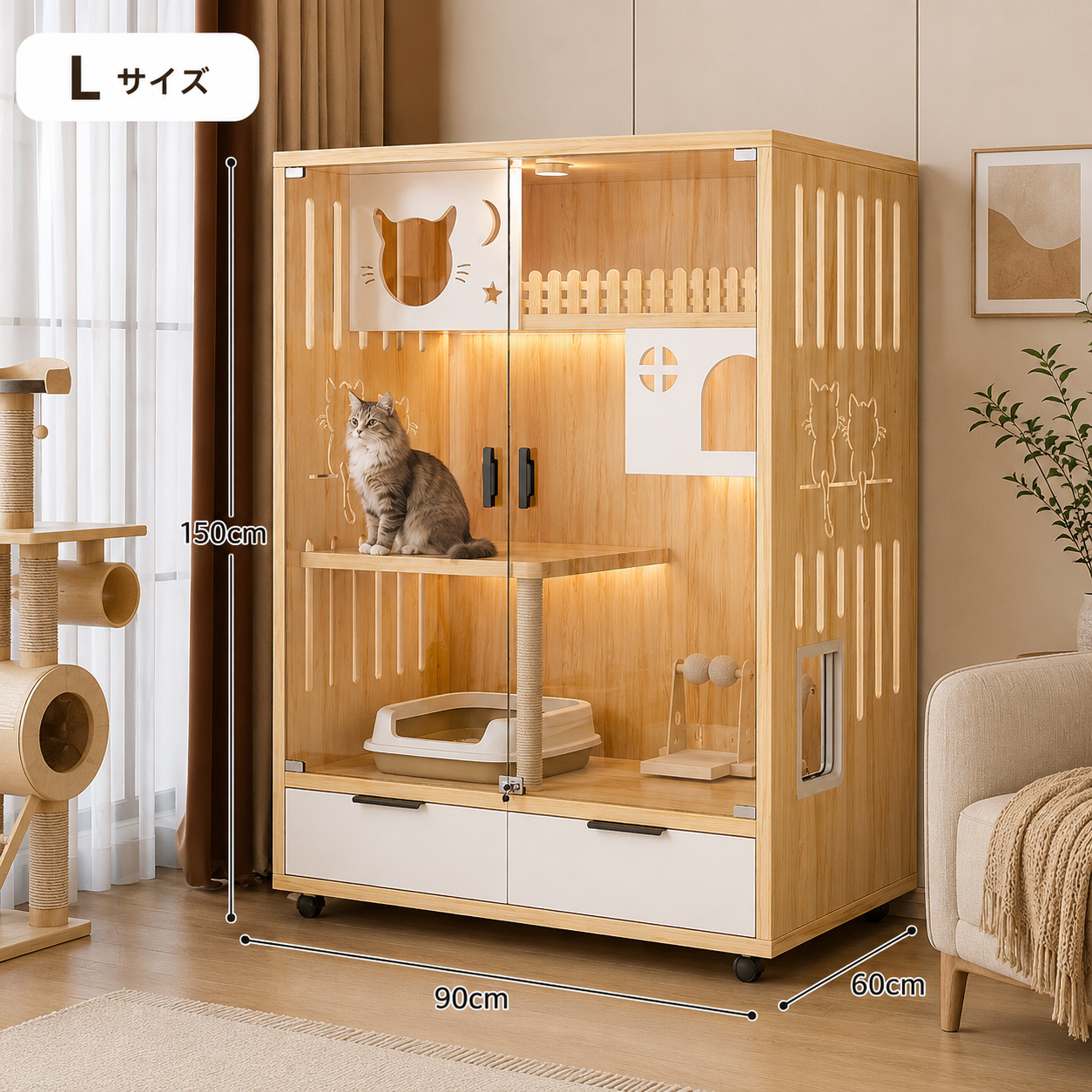 メイン画像:7枚目:猫用ケージ 多頭飼いOK 天然木 ハンモック付き 透明扉 引き出し収納付き