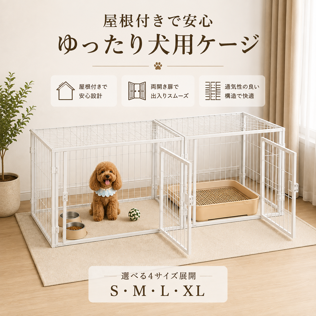 メイン画像:0枚目:犬用ケージ 小型犬~中型犬 広々空間 カスタマイズ可能 両開き扉 通気性◎