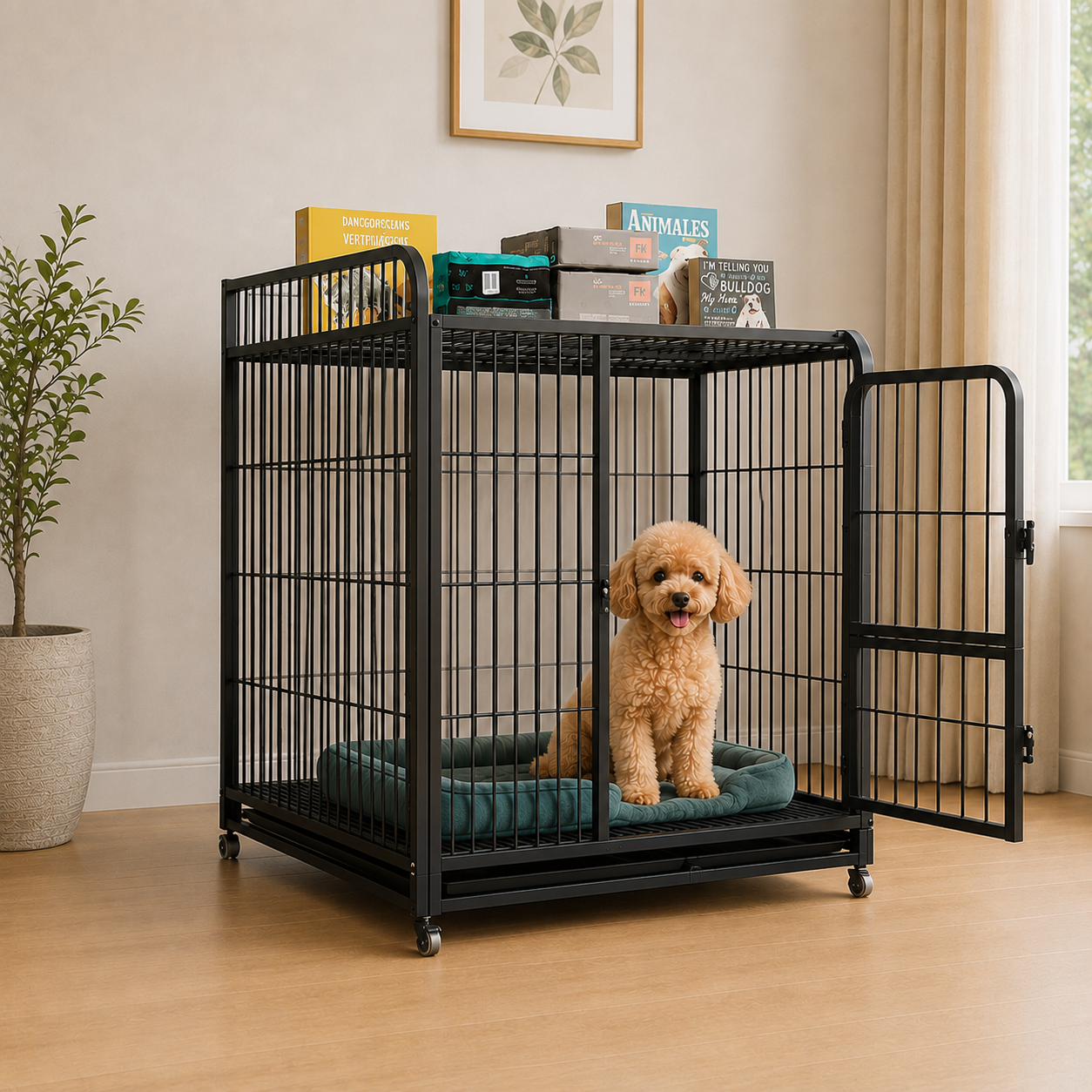 メイン画像:2枚目:犬用ケージ 中型犬~大型犬 収納棚付き キャスター付き トレー フィーディングドア付き 通気性良好 丈夫設計