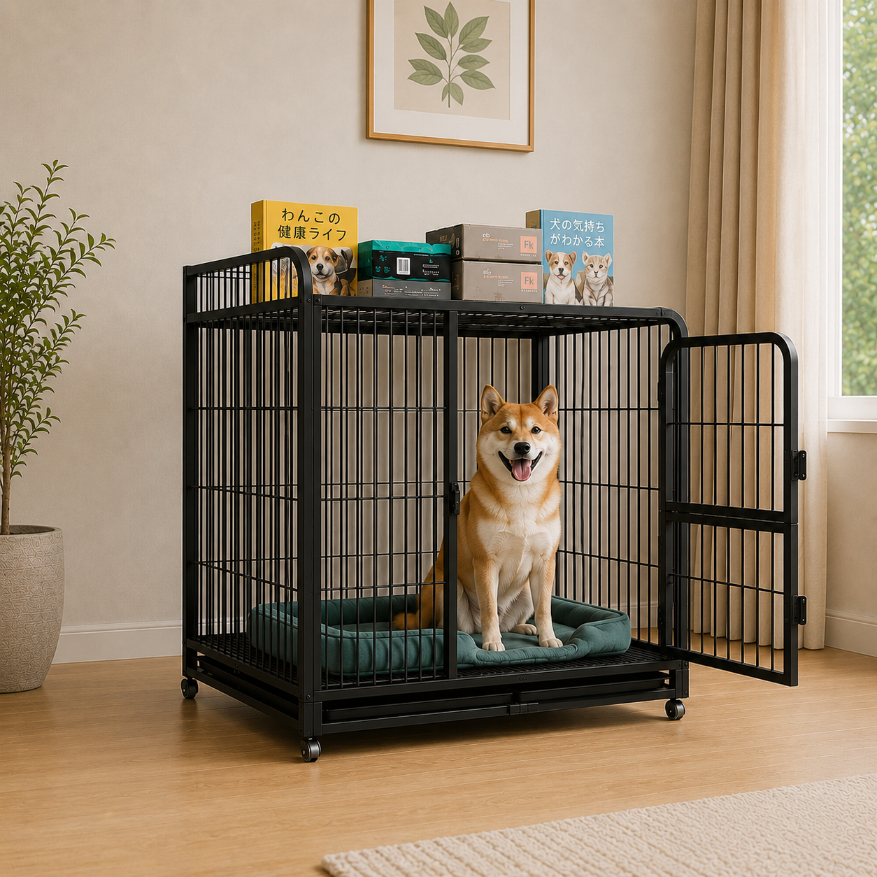 メイン画像:3枚目:犬用ケージ 中型犬~大型犬 収納棚付き キャスター付き トレー フィーディングドア付き 通気性良好 丈夫設計