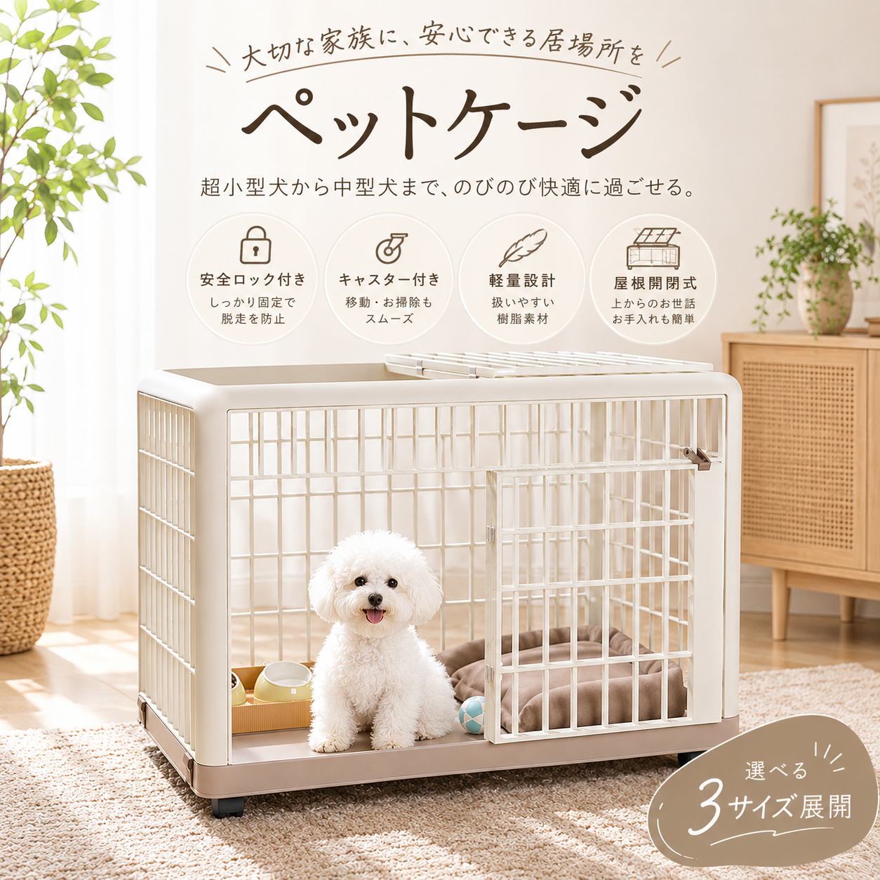 メイン画像:0枚目:犬用ケージ 超小型犬～中型犬 屋根開閉式 キャスター付き 安全ロック付き
