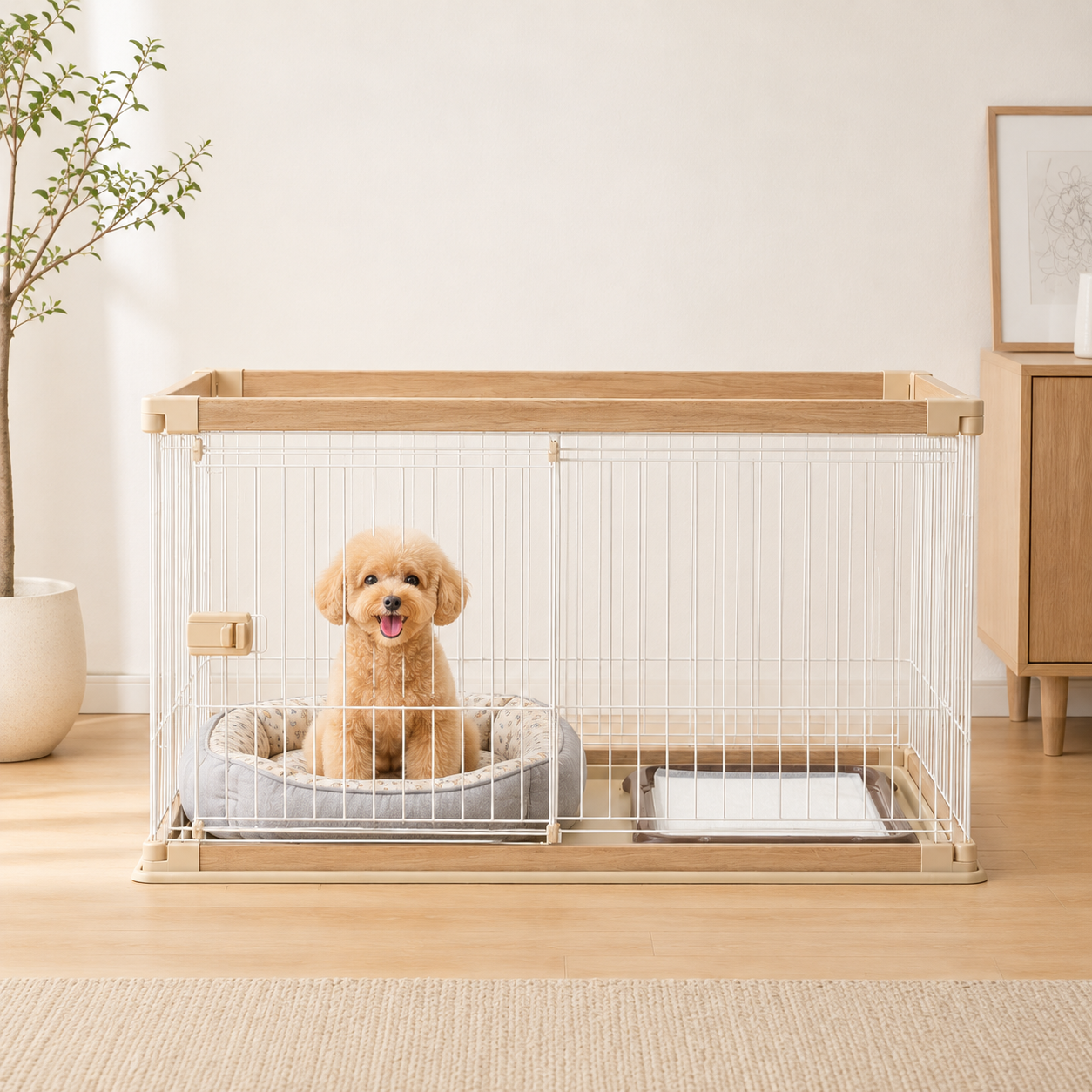 メイン画像:1枚目:犬用サークル 小型犬~中型犬 木目調 おしゃれ 室内用 広々設計 防水マット対応