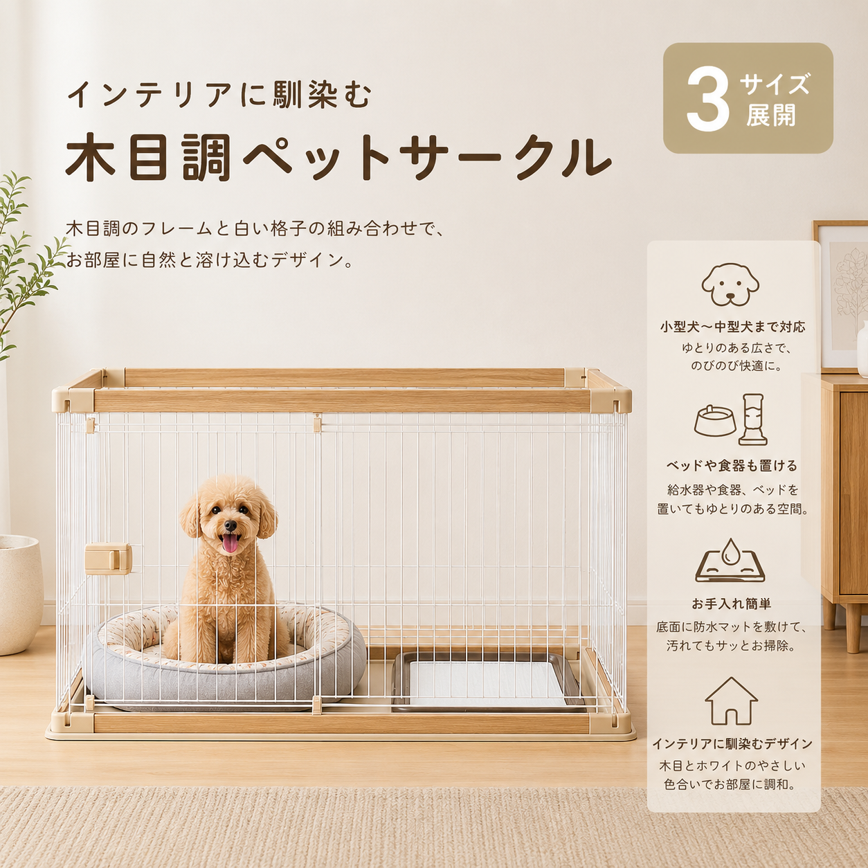 メイン画像:0枚目:犬用サークル 小型犬~中型犬 木目調 おしゃれ 室内用 広々設計 防水マット対応
