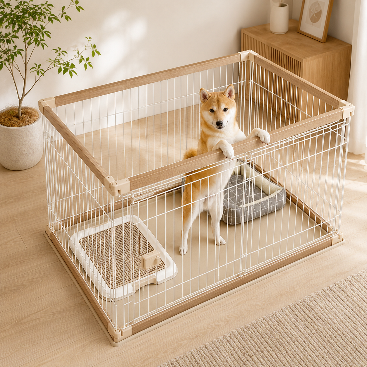 メイン画像:2枚目:犬用サークル 小型犬~中型犬 木目調 おしゃれ 室内用 広々設計 防水マット対応