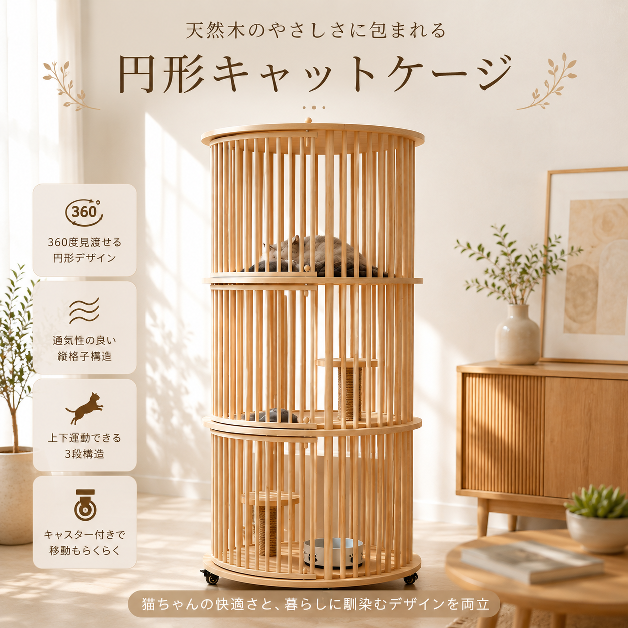 メイン画像:7枚目:猫用ケージ 3段 木製 円形デザイン キャスター付き インテリア