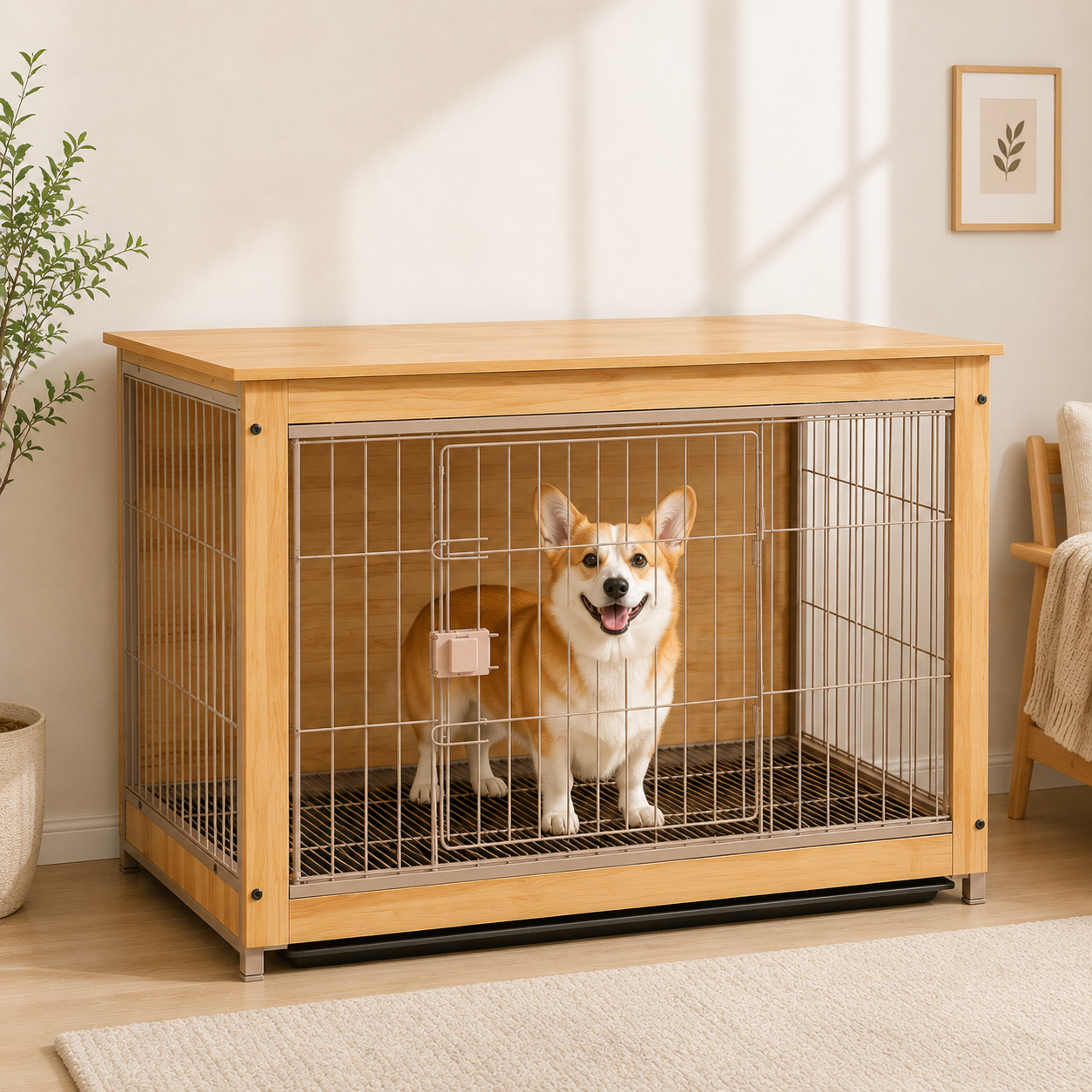 犬用ケージ 中型犬 木製 家具調 天板付き キャスター移動 | ペット