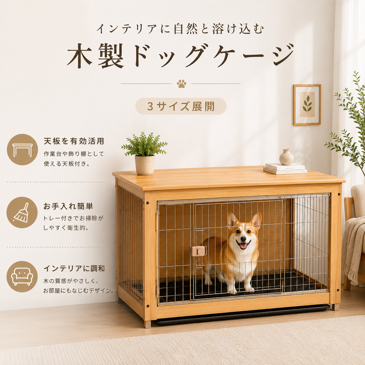犬用ケージ 中型犬 木製 家具調 天板付き キャスター移動 | ペット