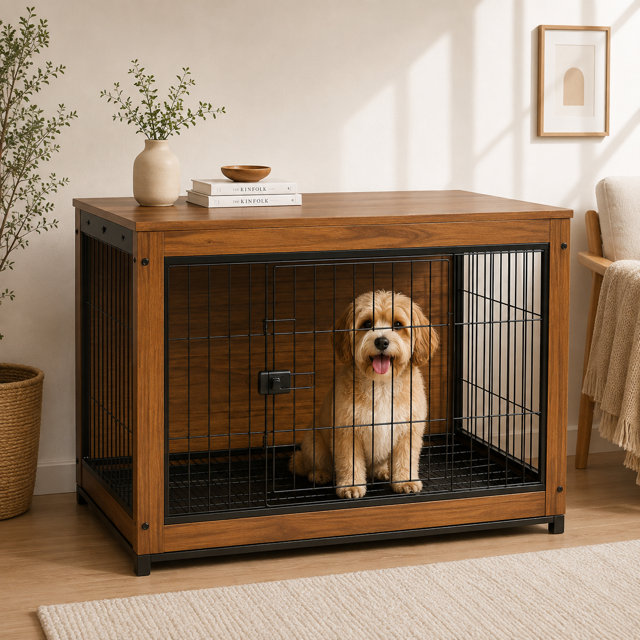 犬用ケージ 中型犬 木製 家具調 天板付き キャスター移動 | ペット