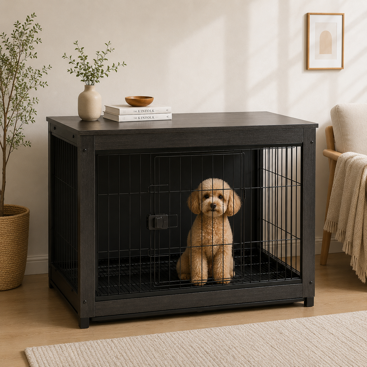 犬用ケージ 中型犬 木製 家具調 天板付き キャスター移動 | ペット