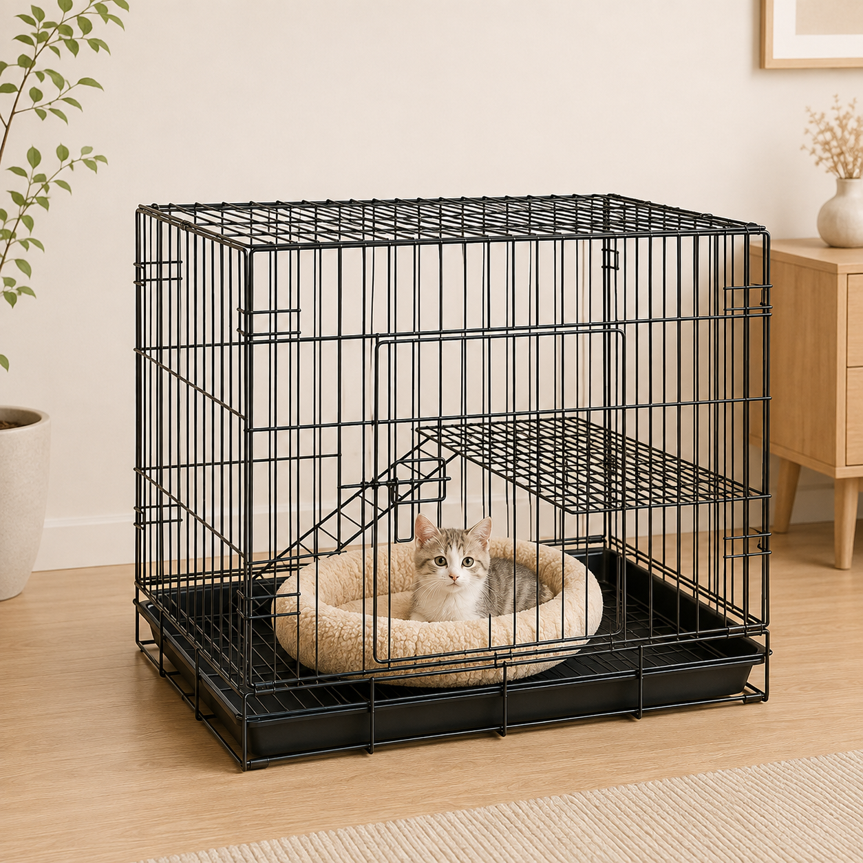 メイン画像:2枚目:猫用ケージ 2段 折りたたみ式 格子タイプ トレー 上部開閉 シンプル設計