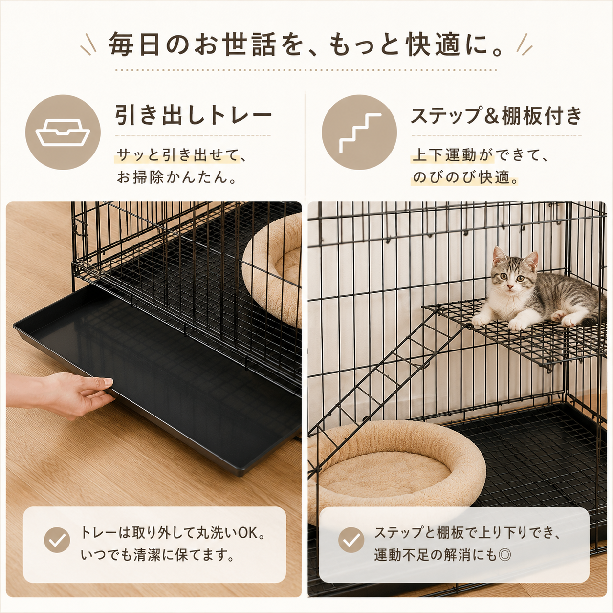 猫用ケージ 2段 折りたたみ式 格子タイプ トレー 上部開閉 シンプル