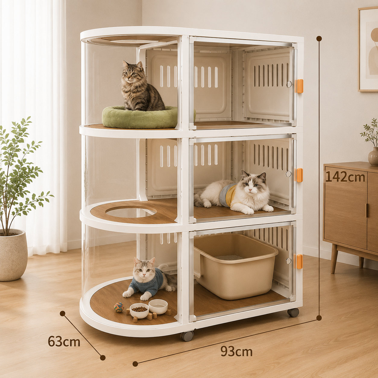 メイン画像:3枚目:猫用ケージ 3段 透明扉 広々空間 多頭飼いOK キャスター付き