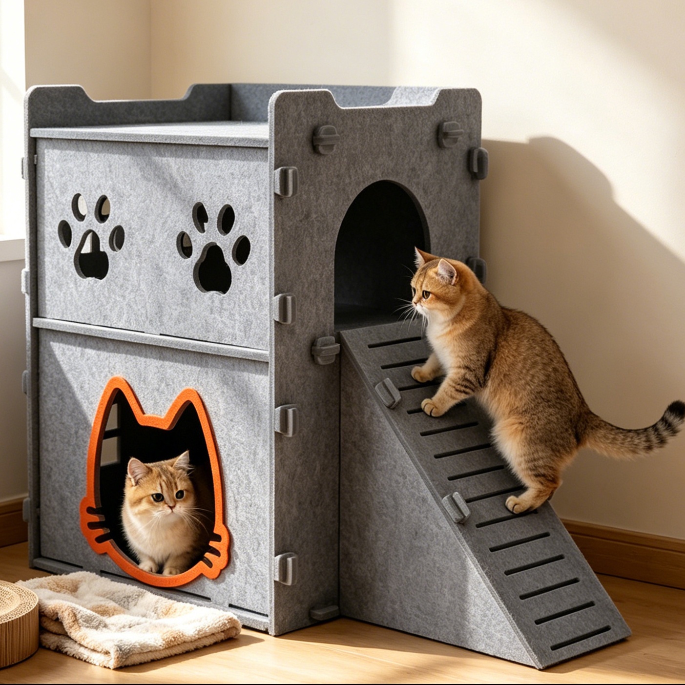 メイン画像:0枚目:ペットケージ 猫用二段式安心小窓付きフェルトハウス