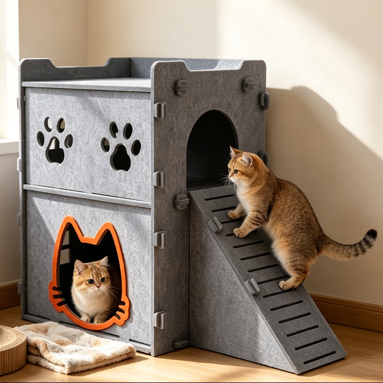 メイン画像:2枚目:ペットケージ 猫用二段式安心小窓付きフェルトハウス
