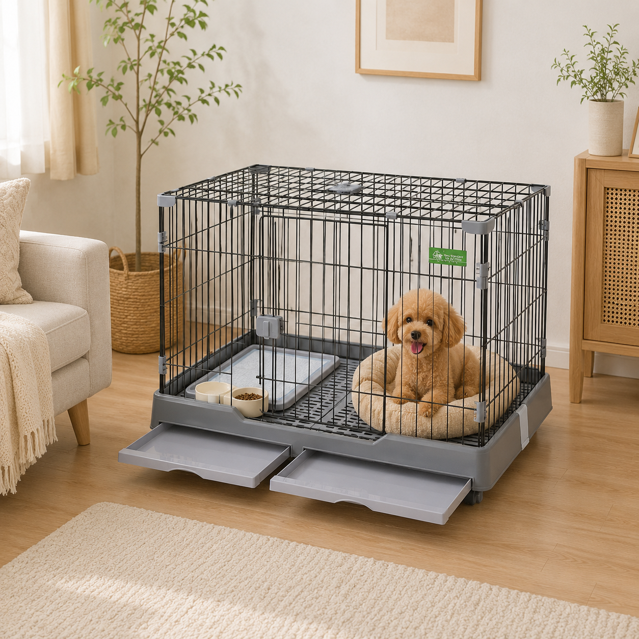 メイン画像:1枚目:犬用ケージ 小型犬 キャスター付き 分割トレー 通気性良好 シンプル設計