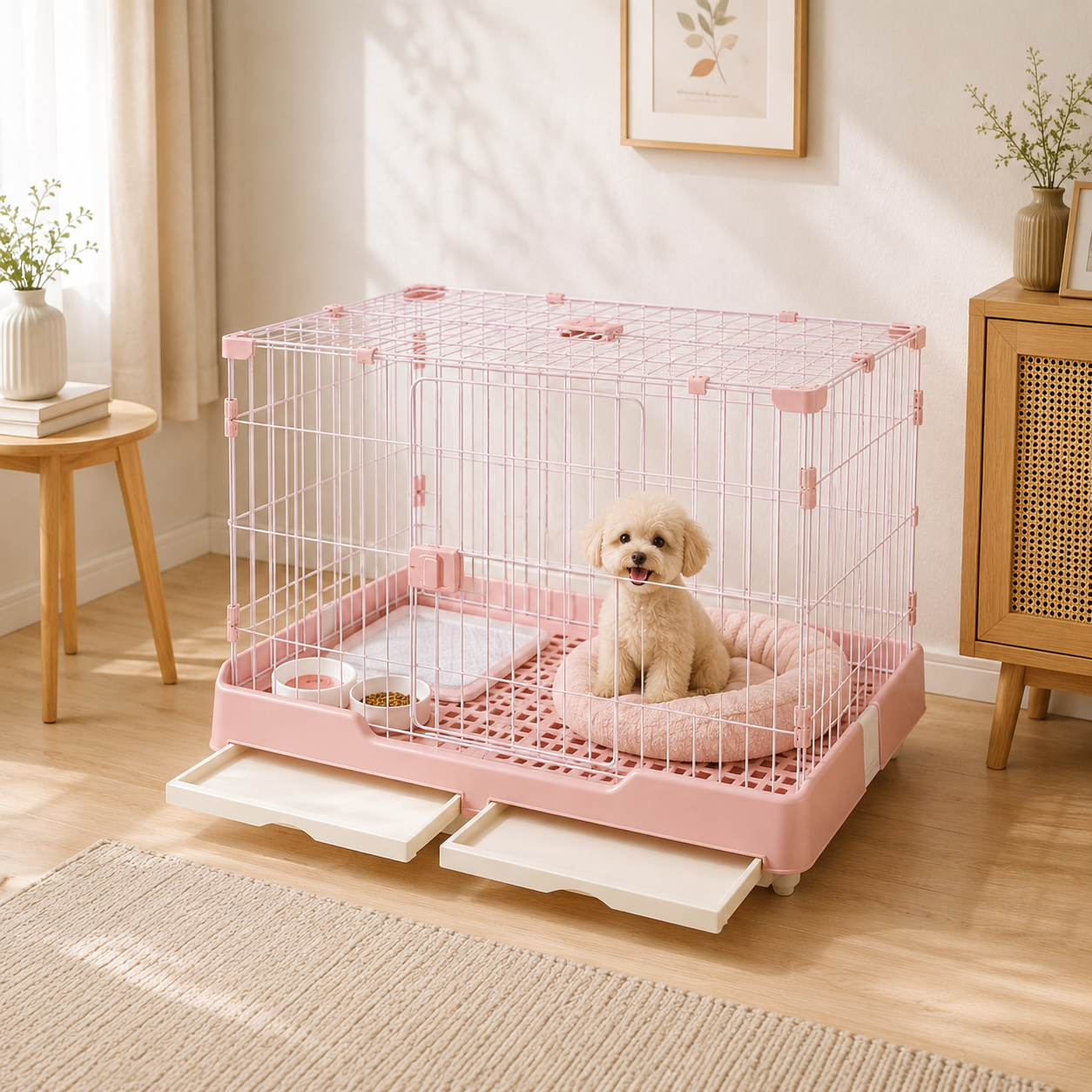 メイン画像:3枚目:犬用ケージ 小型犬 キャスター付き 分割トレー 通気性良好 シンプル設計