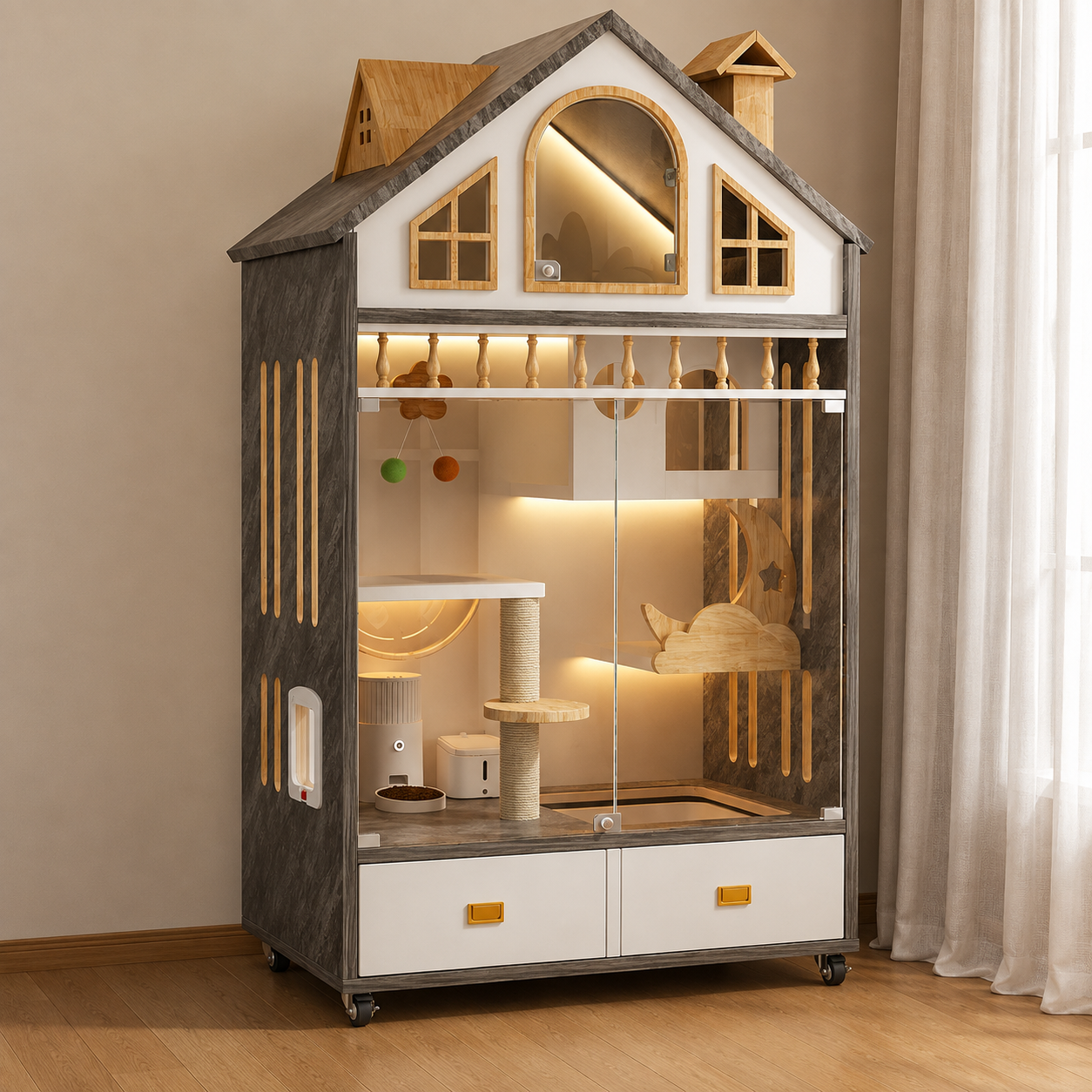 メイン画像:0枚目:ペットケージ 洋風別荘型二階建て猫ケージ大型室内用